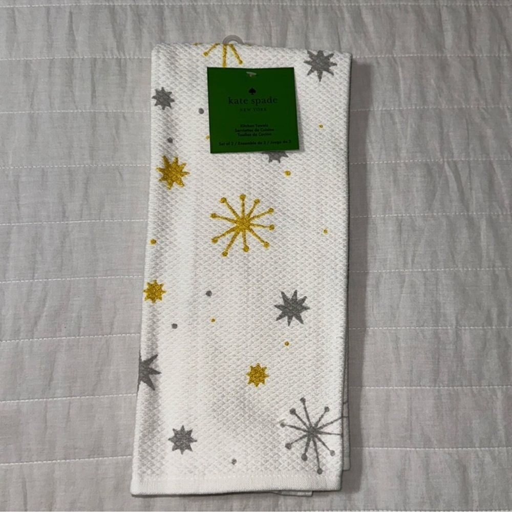 kate spade Christmas Star White Gold Silver Gray Cotton Kitchen 2 Towel Set